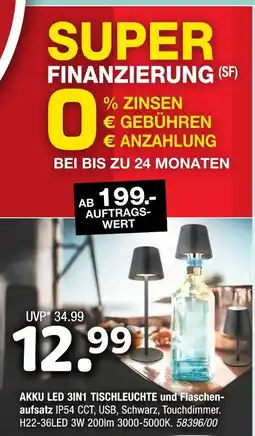 Hofmeister Akku led 3in1 tischleuchte und flaschenaufsatz Angebot