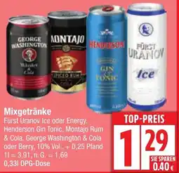 Edeka Mixgetränke Fürst Uranov lce oder Energy, Henderson Gin Tonic, Montajo Rum Angebot
