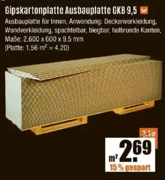 V Baumarkt Gipskartonplatte Ausbauplatte GKB 9,5 Angebot