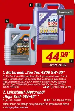 toom Baumarkt Liqui moly motorenöl „top tec 4200 5w-30“ oder leichtlauf-motorenöl „high tech 5w-40“ Angebot