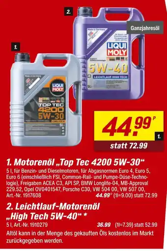 toom Baumarkt Liqui moly motorenöl „top tec 4200 5w-30“ oder leichtlauf-motorenöl „high tech 5w-40“ Angebot