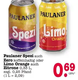 E-Center Paulaner spezi zero koffeinhaltig oder limo orange auch zitrone Angebot