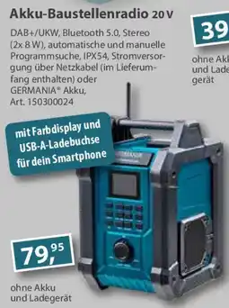 Sonderpreis Baumarkt GERMANIA Akku-Baustellenradio 20 V Angebot