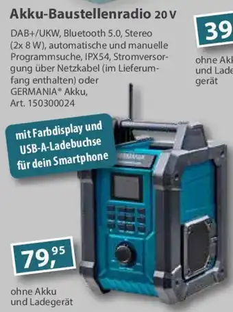 Sonderpreis Baumarkt GERMANIA Akku-Baustellenradio 20 V Angebot