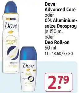 Rossmann Dove Advanced Care oder 0% Aluminiumsalze Deospray oder Deo Roll-on Angebot