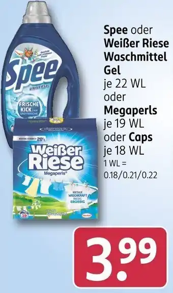 Rossmann Spee oder Weißer Riese Waschmittel Gel oder Megaperls oder Caps Angebot