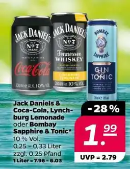 NETTO Jack Daniels & Coca-Cola, Lynchburg Lemonade oder Bombay Sapphire & Tonic Angebot