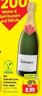 Lidl BIO Codorniu Cava, Schaumwein, brut, vegan Angebot