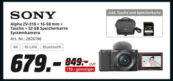 MediaMarkt Sony alpha zv-e10 + 16-50 mm + tasche + 32 gb speicherkarte systemkamera Angebot