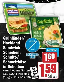 Hit Grünländer/ Hochland Sandwich- Scheiben, Schnitt-/ Schmelzkäse in Scheiben Angebot