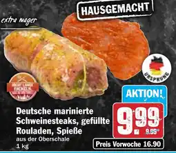 Hit Deutsche marinierte Schweinesteaks, gefüllte Rouladen, Spieße Angebot