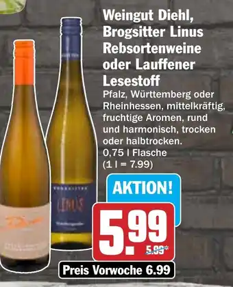 Hit Weingut Diehl, Brogsitter Linus Rebsortenweine oder Lauffener Lesestoff Angebot
