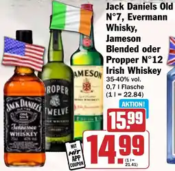 Hit Jack Daniels Old N°7, Evermann Whisky Jameson Blended oder Propper N°12 Irish Whiskey Angebot
