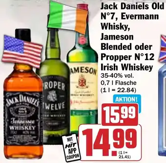 Hit Jack Daniels Old N°7, Evermann Whisky Jameson Blended oder Propper N°12 Irish Whiskey Angebot