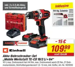 toom Baumarkt Einhell Akku-Bohrschrauber-Set ,,Mobile Werkstatt TE-CD 18/2 Li + 64" Angebot