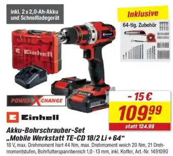 toom Baumarkt Einhell Akku-Bohrschrauber-Set ,,Mobile Werkstatt TE-CD 18/2 Li + 64" Angebot