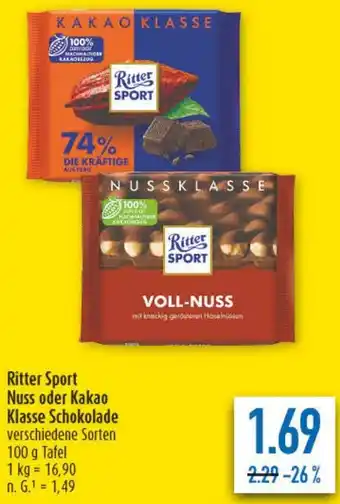 diska Ritter Sport Nuss oder Kakao Klasse Schokolade Angebot