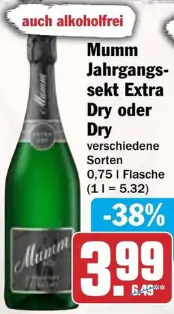 AEZ Mumm Jahrgangssekt Extra Dry oder Dry Angebot