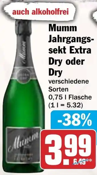 AEZ Mumm Jahrgangssekt Extra Dry oder Dry Angebot