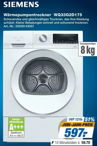 Expert SIEMENS Wärmepumpentrockner WQ33G2D175 Angebot