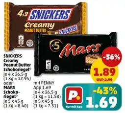 PENNY SNICKERS Creamy Peanut Butter Schokoriegel oder MARS Schoko- riegel Angebot