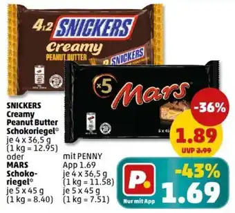 PENNY SNICKERS Creamy Peanut Butter Schokoriegel oder MARS Schoko- riegel Angebot