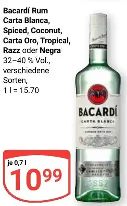 Globus Bacardi Rum Carta Blanca, Spiced, Coconut, Carta Oro, Tropical, Razz oder Negra Angebot