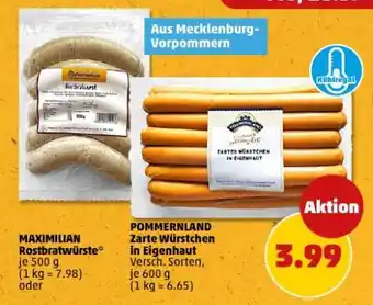 PENNY POMMERNLAND Zarte Würstchen in Eigenhaut Angebot