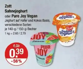 V Markt Zott Sahnejoghurt oder Pure Joy Vegan Angebot
