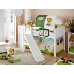 Netto Marken-Discount TiCAA Hochbett mit Rutsche Podestbett Ekki Kiefer Weiß inkl. Vorhangstoff Angebot