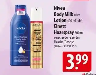 Famila Nord Ost Nivea Body Milk oder Lotion 400 ml oder Elnett Haarspray 300 ml Angebot