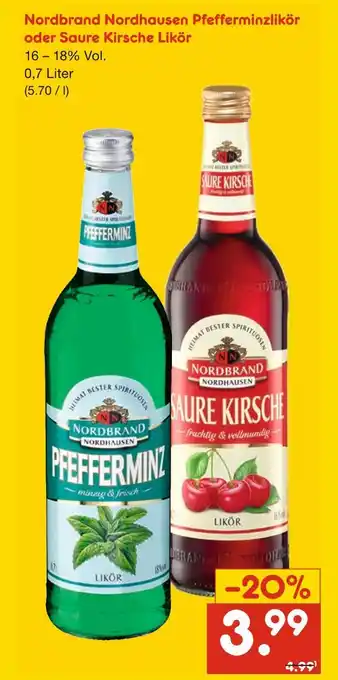 Netto Marken-Discount Nordbrand nordhausen pfefferminzlikör oder saure kirsche likör Angebot