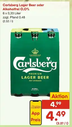 Netto Marken-Discount Carlsberg lager beer oder alkoholfrei o,0% Angebot