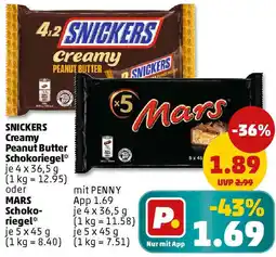 PENNY SNICKERS Creamy Peanut Butter Schokoriegel oder Mars Schokoriegel Angebot