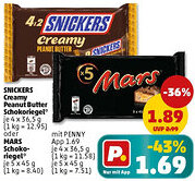 PENNY SNICKERS Creamy Peanut Butter Schokoriegel oder Mars Schokoriegel Angebot