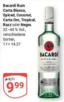 Globus Bacardi Rum Carta Blanca, Spiced, Coconut, Carta Oro, Tropical, Razz oder Negra Angebot