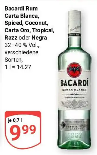 Globus Bacardi Rum Carta Blanca, Spiced, Coconut, Carta Oro, Tropical, Razz oder Negra Angebot