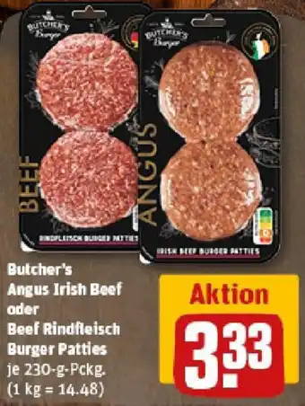 REWE Butcher's Angus Irish Beef oder Beef Rindfleisch Burger Patties Angebot