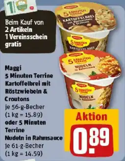 REWE Maggi 5 Minuten Terrine Kartoffelbrei mit Röstzwiebeln & Croutons oder 5 Minuten Terrine Nudeln in Rahmsauce Angebot
