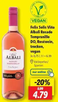 Lidl Felix Solis Viña Albali Rosado Tempranillo DO, Roséwein, trocken, vegan Angebot