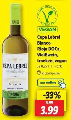 Lidl Cepa Lebrel Blanco Rioja DOCa, Weißwein, trocken, vegan Angebot
