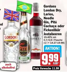 Hit Gordons London Dry, Larios, Needle Gin, Pitú Cachaça oder Fickenlikör Jostabeeren Angebot