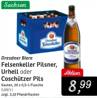 KONSUM Dresdner Biere Felsenkeller Pilsner, Urhell oder Coschützer Pils Angebot