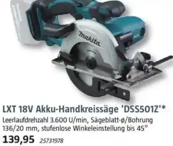 Bauhaus Makita LXT 18V Akku-Handkreissäge 'DSS501Z' Angebot