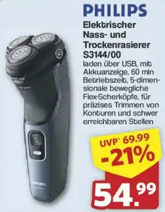 Famila Nord West PHILIPS Elektrischer Nass- und Trockenrasierer S3144/00 Angebot