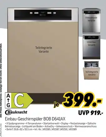 MEDIMAX Bauknecht einbau-geschirrspüler bob d641ax Angebot