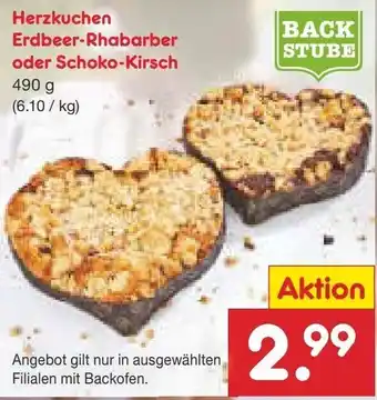 Netto Marken-Discount Herzkuchen Erdbeer Rhabarber oder Schoko Kirsch 490g Angebot