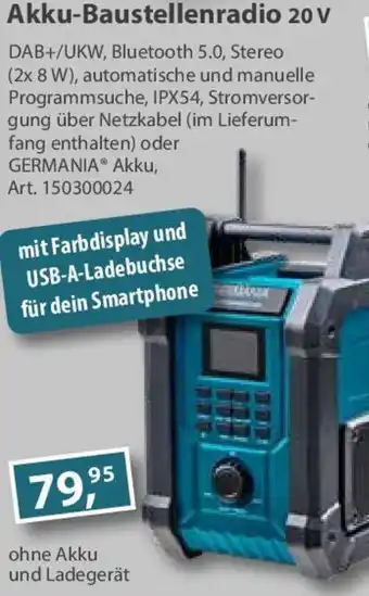 Sonderpreis Baumarkt GERMANIA Akku-Baustellenradio 20 V Angebot