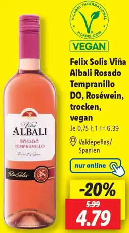 Lidl Felix Solis Viña Albali Rosado Tempranillo DO, Roséwein, trocken, vegan Angebot