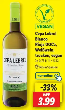 Lidl Cepa Lebrel Blanco Rioja DOCa, Weißwein, trocken, vegan Angebot